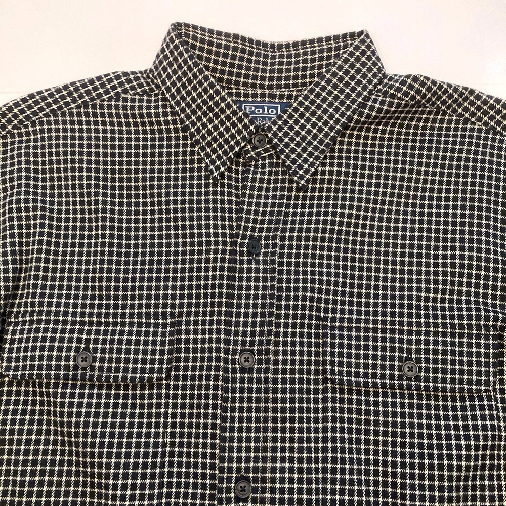 Polo Ralph Lauren‎ Whitfield Flannel Shirt Mens L Black Micro Plaid Cotton EUC